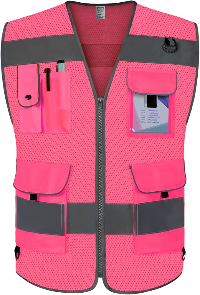 TCCFCCT Mesh Reflective Safety Vest 9 Pockets High Visibility Vest for Men Women, Hi Vis Reflective Work Vest for Safety, Meets ANSI/ISEA Standards, (Pink, XX-Large)