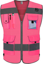 TCCFCCT Mesh Reflective Vest 9 Pockets High Visibility Safety Vest for Men Women, Hi Vis Construction Vest with Reflective Strips, Meets ANSI/ISEA Standards, (Pink, Small)