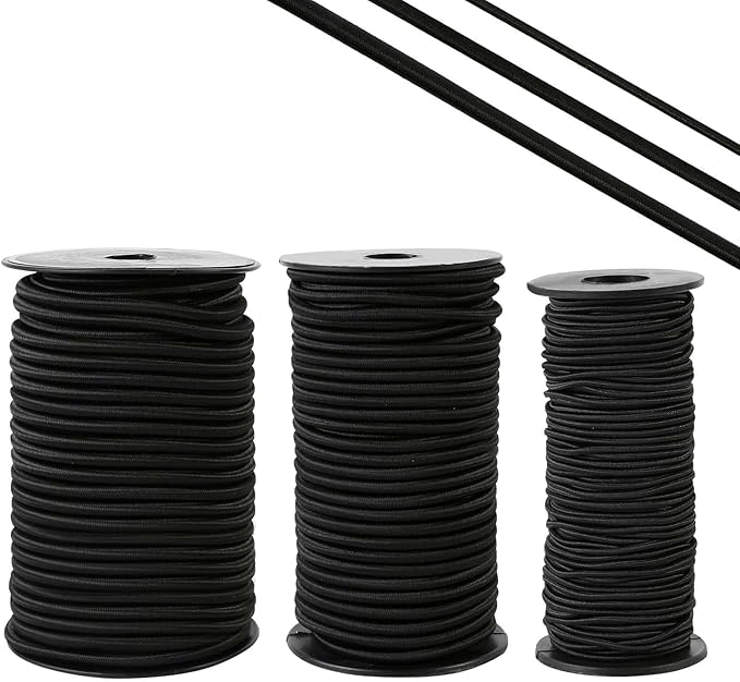 Strong and Durable Bungee Cord - 1/4" x 25ft Elastic Cord, Kayak Stretch String Rope, Bungee Shock Cords for Repairing Tent Poles, DIY, Tie Downs, Black