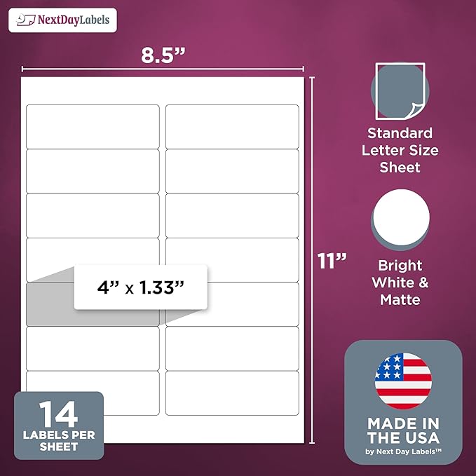 NextDayLabels – 4" x 1-1/3" Rectangular Sticker Labels for Printer - White Laser/Inkjet Printer Labels Return Address Labels Shipping Label Stickers (250 Sheets, 14 Per Sheet, 3500 Labels)