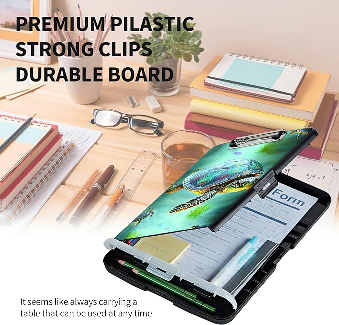 Clipboard with Storage High Capacity Plastic Nursing Clipboards with Pen Holder File Folder Storage Box Clipboard with Heavy Duty Clips for Teacher,Doctor,Offices-Sea Turtles