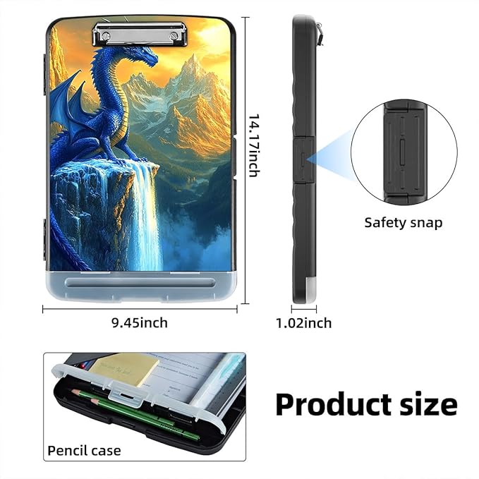 Clipboard with Storage Box & Pen Holder,Heavy Duty Clip Boards 8.5x11 for Nursing,High Capacity,School & Office Supplies,Blue Dragon Majesty