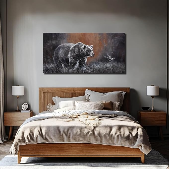 ZHENGYIN Grizzly Bear & Bird Canvas Wall Art,Black and White Wildlife Artwork, Warm Earth Tone Glow, Rustic Western Farmhouse Wall Decor for Entryway Bedroom, Over Console, 20x40 Inch