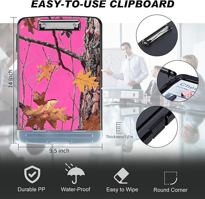 Clipboard with Storage Compartment, 8.5 x 11 Letter Size Side Opening Clip Board with Pen Holder, Hard Portable Clipboard Organizer for Nurse, Teacher, Contractor, Jobsite, Pink Dead Wood