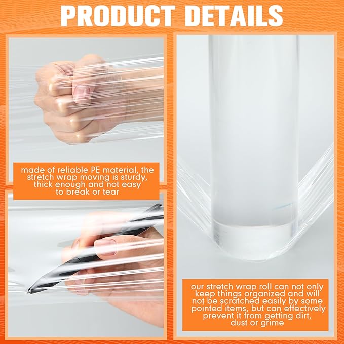Jutom 16 Pcs Stretch Wrap Roll Plastic Wrap for Moving with 2 Handles 5" x 1000 ft Packaging Shrink Film Self Adhering Shipping Supplies for Moving Furniture Pallet(Clear, Orange)