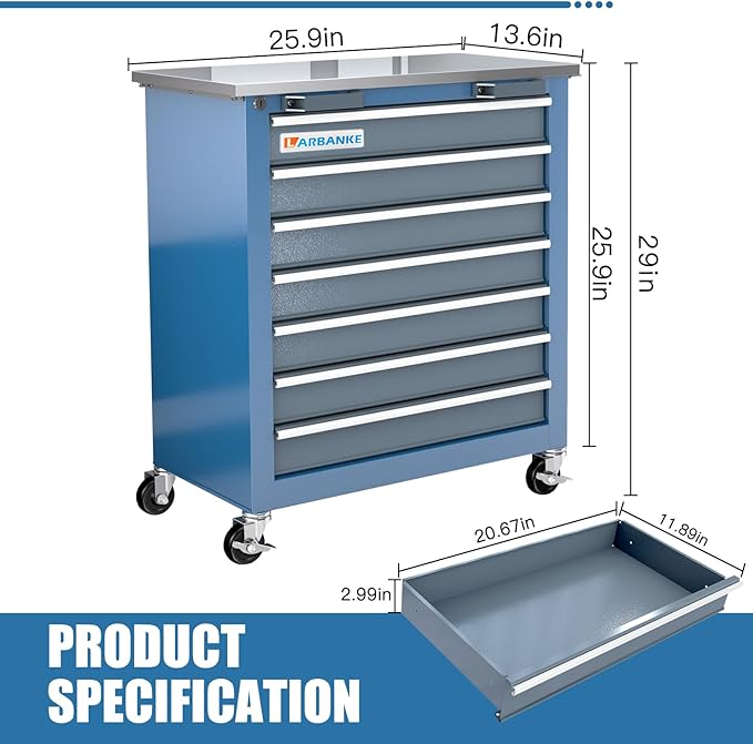 LARBANKE 7-Drawer Rolling Tool Chest with Stainless Steel Countertop,Tool Chest with Secure Locking System,Tool Cabinet with 360°Wheels and Padded Feet,for Home, Garage and Office