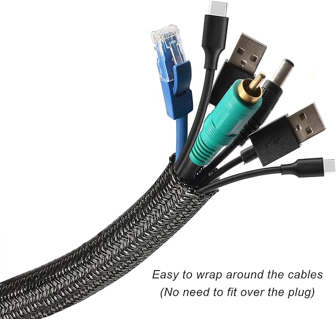 CrocSee 10ft - 1.25 inch Braided Cable Management Sleeve Cord Protector - Self-Wrapping Split Wire Loom for TV/Computer/Home Theater/Engine Bay - Black