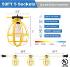 50FT Construction String Lights with Outdoor Extension Cord Safety Cover, 50W 5 Bulbs Work Lights, IP65 Waterproof, 4000LM 6500K Temporary Lighting for Workshop, Mine cave, Job Site