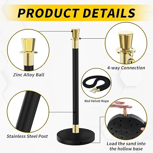 Red Carpet Ropes and Poles, Rope Safety Barriers with 5 ft Black Rope, Stainless Steel Barriers for Party, Museums, Wedding, Easy Connect Assembly, 4PCS