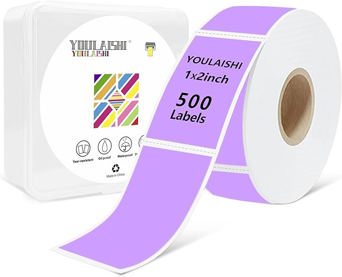 1X2 inch Label Stickers Roll for Thermal Printer 500PCS Colored Removable Freezer Labels Waterproof Blank Sticker Labels to Write on for Food Containers and Jars, Light Purple