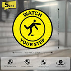 5 Pack Watch Your Step Floor Sticker Anti-Slip Safety Caution Sign 17 × 17 Inches Self Adhesive Vinyl Waterproof Signage for Workplace Stair Public Area
