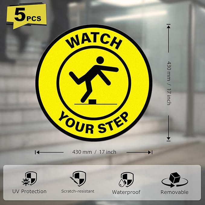 5 Pack Watch Your Step Floor Sticker Anti-Slip Safety Caution Sign 17 × 17 Inches Self Adhesive Vinyl Waterproof Signage for Workplace Stair Public Area