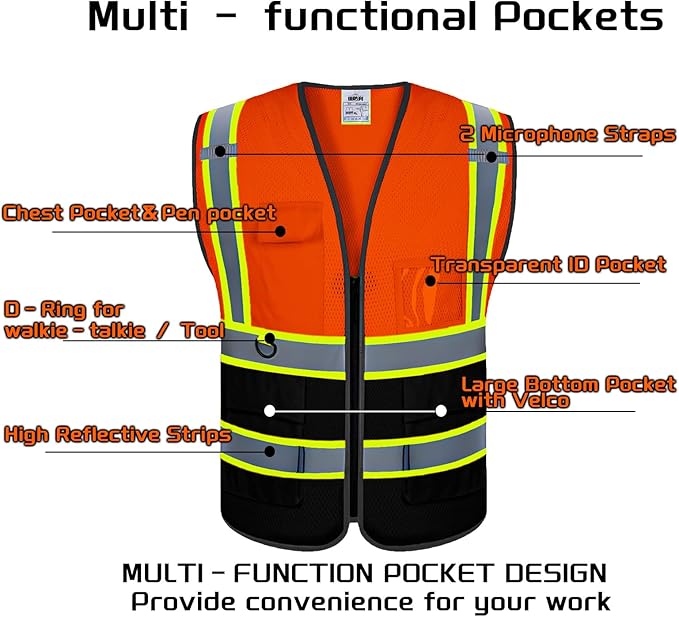 Custom Safety Vest with Logo Pockets High Visibility Reflective Vests Construction Security Workwear