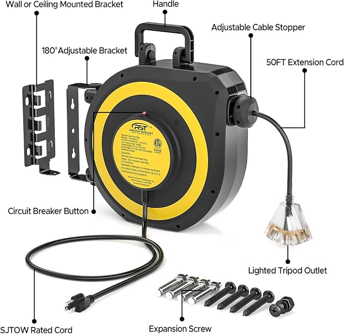 CRST 50 FT Retractable Extension Cord Reel, 14AWG/3C SJTOW Heavy Duty Power Cord with 3 Grounded Outlets Lighted Triple Tap, 13A Circuit Breaker, 180° Swivel Bracket, ETL Listed