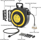 CRST 50 FT Retractable Extension Cord Reel, 14AWG/3C SJTOW Heavy Duty Power Cord with 3 Grounded Outlets Lighted Triple Tap, 13A Circuit Breaker, 180° Swivel Bracket, ETL Listed