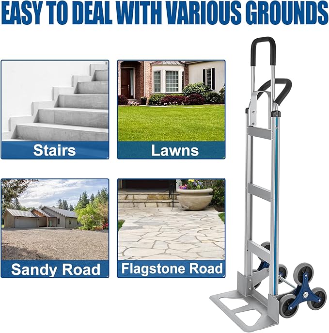 2 in 1 Aluminum Hand Truck 650 lb Capacity, Heavy Duty Stair Climbing Cart with 6 Wheels, Convertible Hand Truck and Dolly with Loop Handle