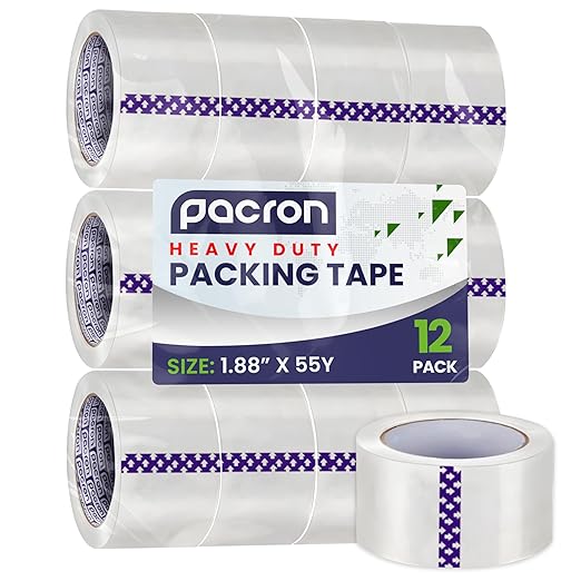 Clear Packing Tape - 12 Heavy-Duty Wrapping Tape - 55-Yard Length, 660 Total Yards 1.88-Inch Wide Strong Adhesive Rolls for Moving Boxes, Office Packaging, Storage Organization & Warehouse Shipping