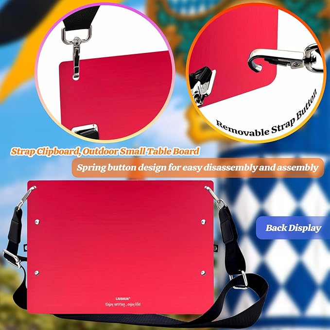 Aluminum Metal Clipboard with Detachable Adjustable Shoulder Strap A4 Double Clip Board Stainless Hangable w/Pen Holder Letter 9" x 12.6" for School Office Business Factory (Red-with Strap, A4)