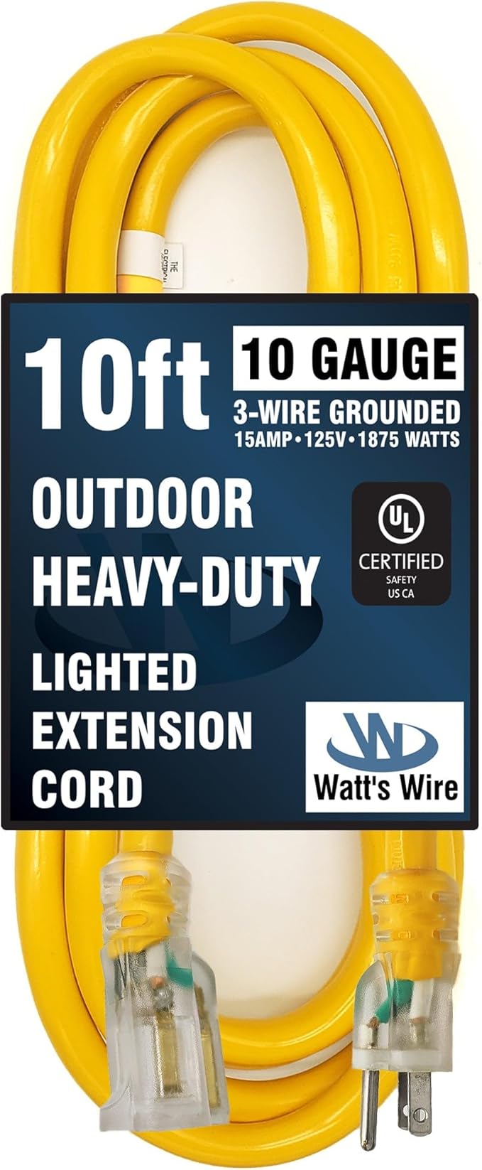 10 ft 10 Gauge Extension Cord - Outdoor Extension Cord Waterproof - Heavy Duty Outdoor Extension Cords 10 ft - Watts Wire - 10' Grounded