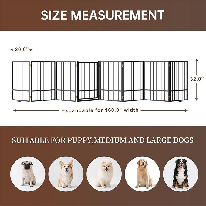 8 Panels Full Metal Freestanding Dog Gates with Door, 160” W x 32” H Folding Pet Gate Fence with Support Feet for Indoor,Stairs, Hallways and Doorways(Black)