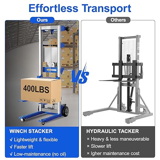 122" 400lbs Material Lift Winch Stacker, Hand Winch Lift Truck with Fixed-Leg, Manual Material Lifter Pallet Stacker for Contractor, Workshop, Industrial, 34.60" L x 24.80" W