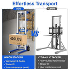 122" 400lbs Material Lift Winch Stacker, Hand Winch Lift Truck with Fixed-Leg, Manual Material Lifter Pallet Stacker for Contractor, Workshop, Industrial, 34.60" L x 24.80" W