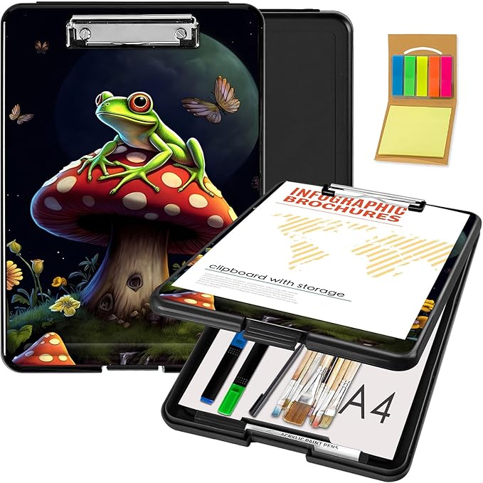 Clipboard with Storage,Office Supplies Nursing Clipboards Folder with Pen Holder Plastic Foldable Clip Board with Storage for Nurse Teacher,Cute Mushroom Frog