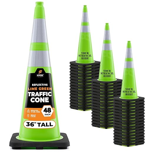 Xpose Safety 36” Lime Green Traffic Cone Dual 6" & 4" Reflective Collar – 48 Pack Multipurpose Premium PVC Safety Cone for Parking, Caution, Construction, Road Crews, Emergency Vehicle -DOT Approved