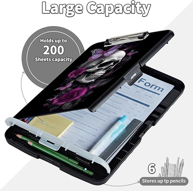 Clipboard with Storage,Clip Boards 8.5X11 with Storage & Pen Holder,Heavy Duty Plastic Nursing Clipboards Foldable,Coaches Clipboard Folder Case,School Office Supplies，Sugar Skull Butterlies Floral