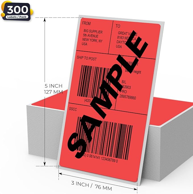 Red Thermal Labels 3 × 5 Inch Vinyl Self-Adhesive Fanfold Direct Shipping Stickers Waterproof Perforated Printer Decal for Office Warehouse Barcode 300 PCS