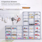 Arteza 12 Drawer Organizer and Storage Cabinet – Clear Plastic, Stackable Drawers for Makeup, Crafts, Sewing, Office Supplies, Small Parts & Tools