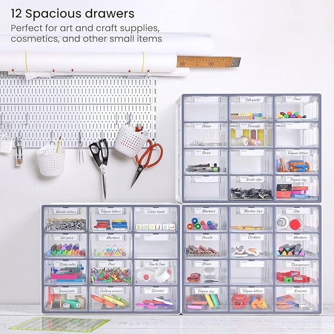 Arteza 12 Drawer Organizer and Storage Cabinet – Clear Plastic, Stackable Drawers for Makeup, Crafts, Sewing, Office Supplies, Small Parts & Tools