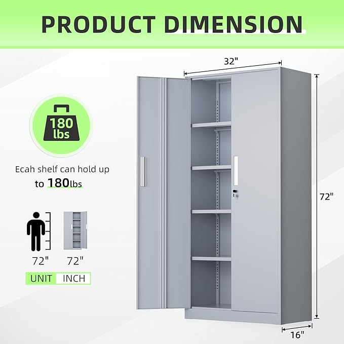 SUNCROWN 72" Metal Storage Cabinet - Heavy-Duty Metal Garage Cabinet with 4 Adjustable Shelves & 2 Doors for Tools, Office, Home, Workshop,Cement Grey-Small