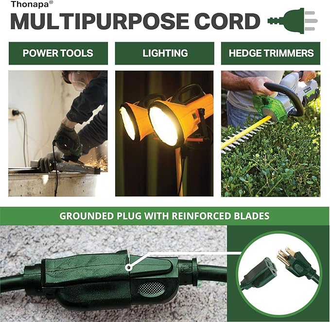 Weatherproof Outdoor Extension Cord 100 ft, 16/3 SJTW 100ft Green Extension Cord 3 Prong, Long Exterior for Outdoor Lights & Landscaping, UL Certified - US Veteran Owned