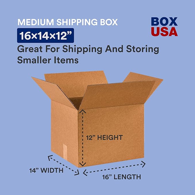 BOX USA Shipping Boxes 16"L x 14"W x 12"H, 25-Pack Medium Corrugated Cardboard Boxes for Shipping, Mailing, Packing, Packaging and Storage