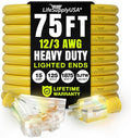 75ft Outdoor/Indoor Extension Cord 3-Outlet 12/3 Gauge Extra Heavy Duty 3 Prong SJTW, Waterproof, Flexible Cold-Resistant Long Power Cord,15A 125V 1875W, Yellow by LifeSupplyUSA