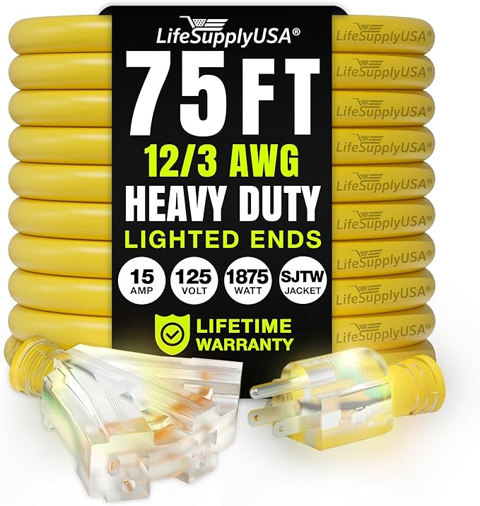 75ft Outdoor/Indoor Extension Cord 3-Outlet 12/3 Gauge Extra Heavy Duty 3 Prong SJTW, Waterproof, Flexible Cold-Resistant Long Power Cord,15A 125V 1875W, Yellow by LifeSupplyUSA
