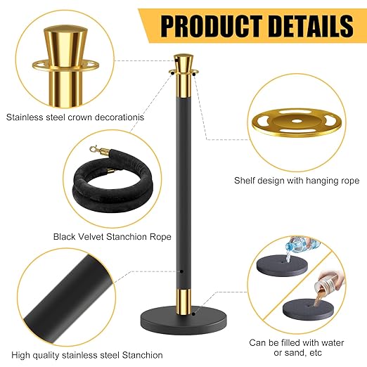 kaiyomi 4Pcs Stanchions with Black Velvet Ropes Set, 5 Feet Velvet Ropes and Posts Poles for Red Carpet Party Decoration and 360° Photo Booth (Golden & Black)
