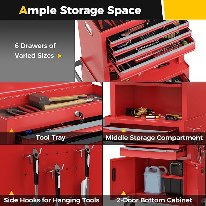 Goplus Tool Chest, 6 Drawers 3-in-1 Extra Large Tool Storage Cabinet with 4” Universal Lockable Wheels, Auto Lock, Protective Liner, Heavy Duty Rolling Tool Box for Garage, Workshop