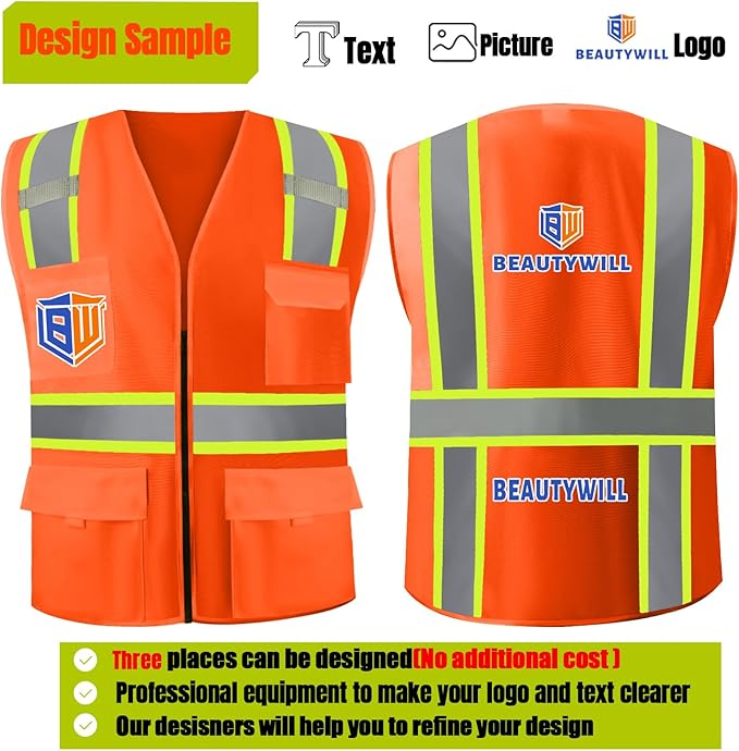 BeautyWill 10/20 Pack Custom Logo Safety Vest,Bulk High Visibility Class 2 Reflective Work Vests
