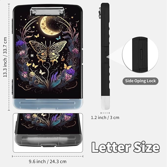 Clipboard with Storage,Clip Boards 8.5X11 with Storage & Pen Holder,Heavy Duty Plastic Nursing Clipboards Foldable,Coaches Clipboard Folder Case,School Office Supplies，Butterfly Flowers & Gold Moon