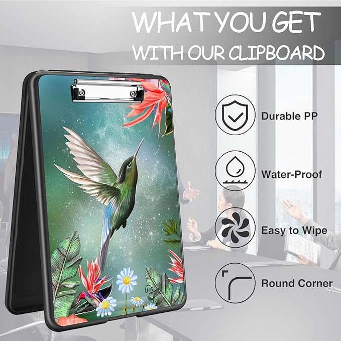 Clipboard with Storage, High Capacity Plastic Storage Clipboard with Low Profile Clip for Women Teachers Work, School & Office Supplies, Cute Pattern Decorative Clipboards, Hummingbird