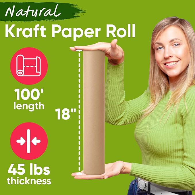 USA Made 18" x 1200" Brown Kraft Paper Roll, 45 lbs Thickness, Kraft Paper for School, American Quality Colored Paper Roll, Bulletin Board - Non-Toxic, Odorless, Safe for Kids