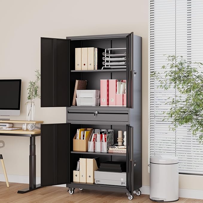 Metal Garage Storage Cabinet with 4 Wheels,Lockable Storage Cabinet with Adjustable Shelves and 1 Drawer,Rolling Tool Cabinet for Workshop Garage and School(Black)
