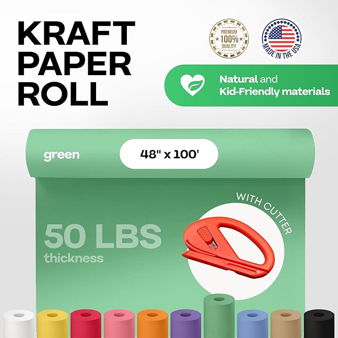 Christmas Green Kraft Paper Roll 48" x 1200" (100 ft) with Cutter - USA-Made Gift Wrapping Paper for Packing, Moving, Shipping & Crafts/Arts - 100% Recyclable Natural Craft Material by IDL Packaging