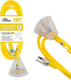 3-Outlets Indoor Outdoor Extension Cord Weatherproof with Lighted End, UL Listed, 12 Gauge 10FT Yellow 3 Prong Heavy Duty, 12/3 SJTW 15A Extension Cord