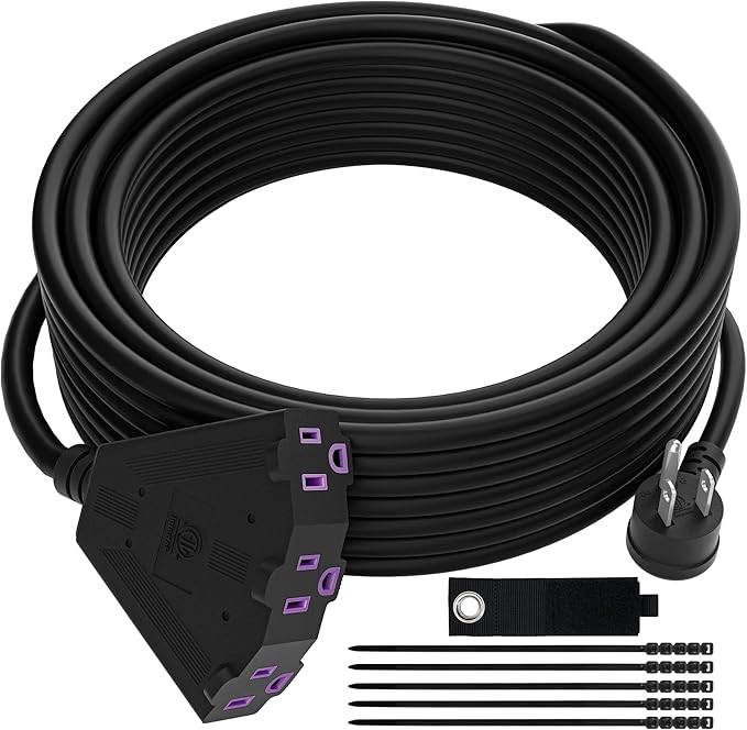 Outdoor Extension Cord 30 FT with 3 Outlets, 3 Prong 90 Degree Angled Plug, 12/3 Heavy Duty 12 Gauge Power Cable, 12AWG, SJTW, 15A, 125V, 1875W, ETL Listed, Black Wire, with Free Carrying Strap+Ties