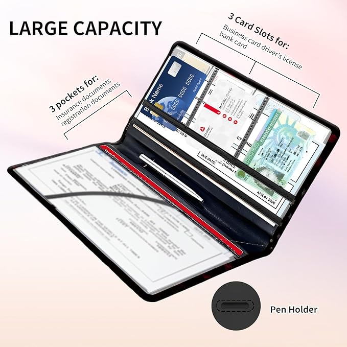 Premium Car Registration and Insurance Card Holder, Cute PU Leather Car Document Holder, Vehicle Glove Box Car Organizer with Magnetic Closure for Driver License, Cards Black Red Flag