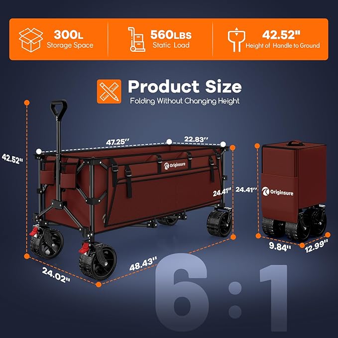 48" L Collapsible Wagon Cart Foldable, 560lbs Weight Capacity 300L Heavy Duty Folding Beach Wagons with Big All-Terrain Wheels, Utility Carts for Groceries, Shopping, Camping, Sports-red