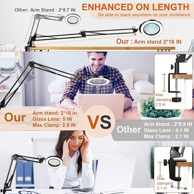 VEEMAGNI 5 Inch Large Magnifying Glass with Light and Stand, 5 Color Modes Stepless Dimmable, 2*16 Inch Swivel Arm LED Clamp Desk Lamp, Hands Free 12X Lighted Magnifier for Close Work Crafts Soldering